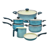 Conjunto De Panelas Azul 7 Peças Revestimento Antiaderente