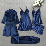 Conjunto De Pijama Feminino De Cetim E Renda Roupão De Seda