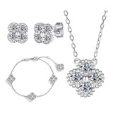 Conjunto De Prata 925 Flor Trevo Moissanites Certificado Gra