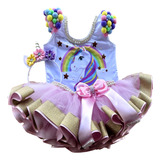 Conjunto De Saia De Tutu Pompom Pérolas Unicórnio Arco Íris