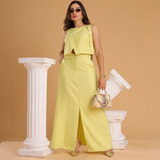 Conjunto De Saia Mid E Cropped Colete Com Abertura Central