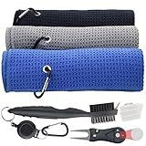 Conjunto De Toalhas De Golfe- Kit De Limpeza De Tacos De Golfe - 3 Toalhas De Golfe Com Padrão De Waffle De Microfibra E Escova De Taco De Golfe- Limpador De Sulcos E Ferramenta De Reparo De Divot-