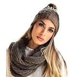 Conjunto De Touca Gorro E Cachecol Gola Em Lã Unissex Com Pompom Marca Ancelly Caqui 