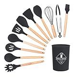 Conjunto De Utensílios De Cozinha De Silicone Com Cabo De Madeira E 12 Peças Preto 