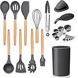 Conjunto De Utensílios De Silicone Antiaderentes Com Cabos De Madeira Conjunto De Utensílios De Cozinha De Silicone Com 13 Peças Cinza