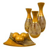 Conjunto Enfeite Ceramica Trio Vasos Centro Mesa Decorativo Cor Boliche Mostarda Dourado