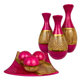 Conjunto Enfeite Ceramica Trio Vasos Centro Mesa Decorativo Cor Boliche Pink Dourado