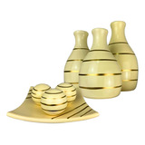 Conjunto Enfeite Ceramica Trio Vasos Centro Mesa Decorativo Cor Leticia Gelo Filete Dourado