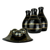 Conjunto Enfeite Ceramica Trio Vasos Centro Mesa Decorativo Cor Leticia Preto Filete Dourado