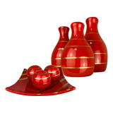 Conjunto Enfeite Ceramica Trio Vasos Centro Mesa Decorativo Cor Leticia Vermelho Filete Dourado