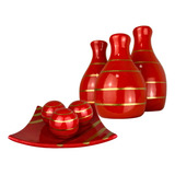 Conjunto Enfeite Ceramica Trio Vasos Centro Mesa Decorativo Cor Leticia Vermelho Filete Dourado