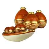 Conjunto Enfeite Ceramica Trio Vasos Centro Mesa Decorativo Cor Moringa Caramelo Dourado