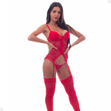 Conjunto Espartilho Lingerie Luxo Corselet Cinta Liga Meia