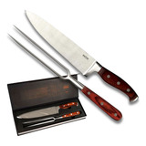 Conjunto Faca E Garfo Churrasco Em Madeira Aço Inox 8 Mor