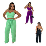 Conjunto Feminino 2 Peças Cropped Calça Pantalona Com Bolso