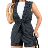 Conjunto Feminino Alfaiataria Colete Longo Com Short Barra