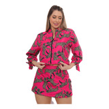 Conjunto Feminino Bomber Shorts Saia Animal Print Tactel