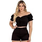 Conjunto Feminino Cropped E Short Preto Moda Blogueira 100 Preto 42