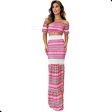 Conjunto Feminino Cropped Gola Canoa E Saia Longa Renda