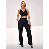 Conjunto Feminino Cropped Laço E Calça Listrado