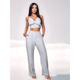 Conjunto Feminino Cropped Laço E Calça Listrado