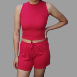 Conjunto Feminino Cropped Shorts Curto Moda Gringa Canelado