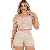 Conjunto Feminino De Cropped E Short Bege Bege Tamanho 40