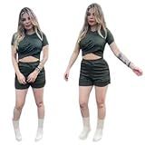 Conjunto Feminino De Shorts Canelado Cropped Cruzado Moda Casual Mulher VERDE MILITAR MEDIO SERVE N 36 AO N 42
