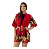 Conjunto Feminino Kimono E Shorts Estampado Premium 2 Peças