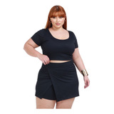 Conjunto Feminino Plus Size Short Saia Crooped Verão Estica