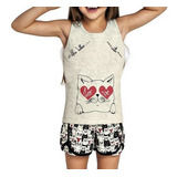 Conjunto Feminino Regata Estampa Gato C Shorts N 4 Ao 10