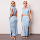 Conjunto Feminino Saia Longa Cropped Tricot Rendado Fenda