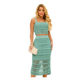 Conjunto Feminino Saia Midi E Blusa Cropped Tricot Elegante