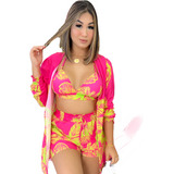 Conjunto Feminino Short Top Cropped E Kimono Clássico Casual