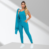 Conjunto Feminino Trio Calça Cintura Alta Regata E Cardigan
