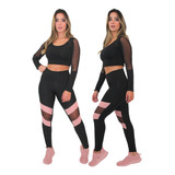 Conjunto Fitness Cropped Manga Longa E