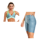 Conjunto Fitness Top Bermuda Ciclista Bolso Ccm Azul