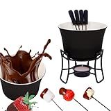 Conjunto Fondue Em Cerâmica Redondo 9 Peças 300ml Chocolate Queijo 3 Velas Preto