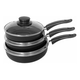 Conjunto Frigideira Antiaderente 3 Peças Com Tampa De Vidro Cor Preto