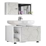 Conjunto Gabinete Armário Banheiro Para Pia De Coluna Pequin Com Espelheira Gênova BRANCO CARRARA 