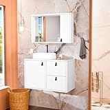 Conjunto Gabinete Para Banheiro Com Cuba De Sobrepor Tampo De Vidro E Espelheira Toro 80 Vd Branco