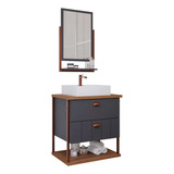 Conjunto Gabinete Para Banheiro Uni Com Espelheira 60cm Mgm Móvel Cinza escuro