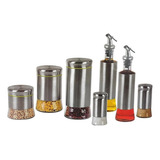 Conjunto Galheteiro 7 Peças Aço Inox Vidro Modelo Decorativo