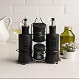 Conjunto Galheteiro Moderno 5 Peças- Vidro Preto- 2 Frascos 300ml E 2 Frascos 100ml Com Suporte