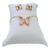 Conjunto Gargantilha brinco Borboleta Cristal Folheado Ouro