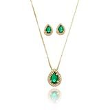 Conjunto Gota Zircônia Verde Esmeralda Folheado A Ouro 18k