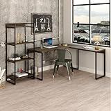 Conjunto Home Office Industrial 2 Peças 1 Escrivaninha Em L E 1 Estante 4 Prateleiras Kuadra Compace Carvalho Dark