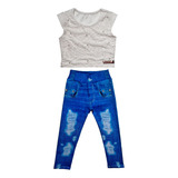 Conjunto Infantil Blusa Cropped Calça Legging Imita Jeans