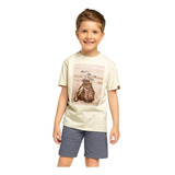 Conjunto Infantil Camiseta Bege Tacos Golfe E Bermuda Mescla