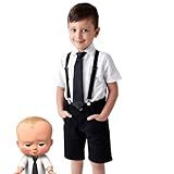 Conjunto Infantil Masculino Social Suspensório E Gravata Camisa Branca E Bermuda Preta Padrão Preto M BEBE DE 4 A 6 MESES 